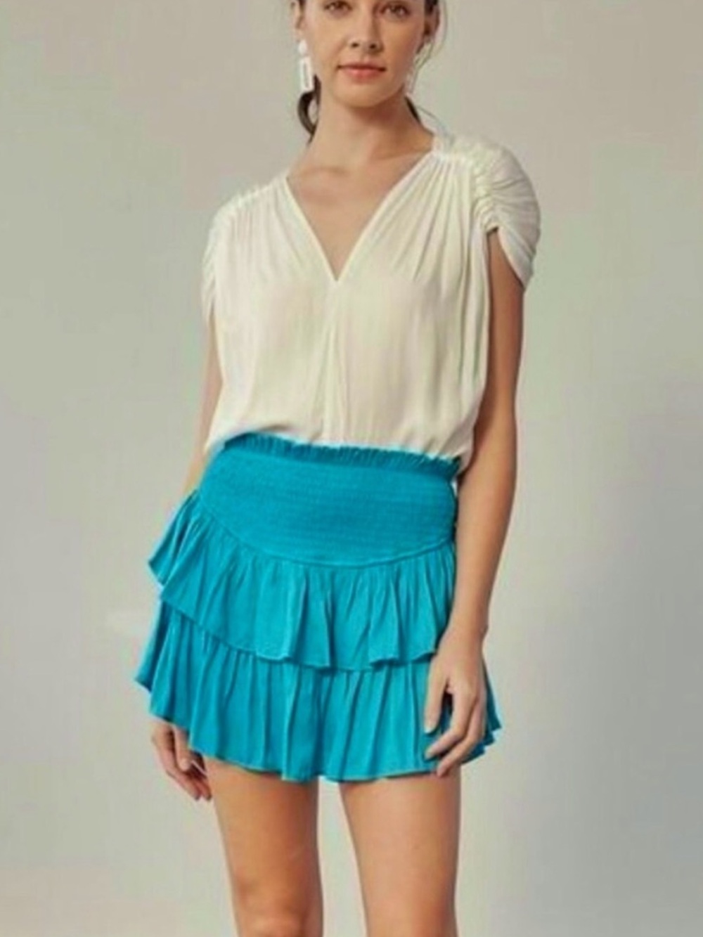 Mustard Seed | Smocked Tiered Ruffle Mini Skirt/Skort in Vibrant Teal/Jade L